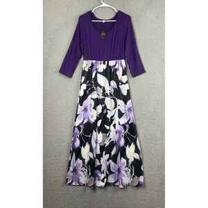Blue Time Dress Womens L Purple 3/4 Sleeve Floral Maxi Stretch